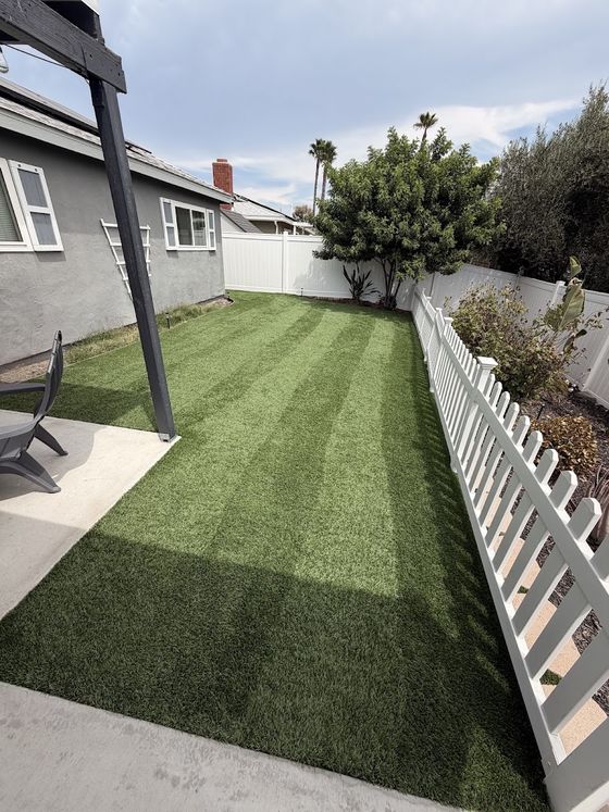 A side yard turf lawn after cleaning